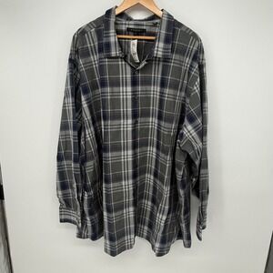 SYNRGY DXL Big and Tall Mens 4XL Plaid Button Down Shirt Grey Navy Blue Cotton